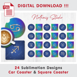 24 diamond zodiac signs templates - sublimation waterslade pattern - car coaster design - digital download