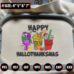 hallothanksmas embroidery machine design, fall halloween christmas embroidery file, seasonal coffee cup embroidery file