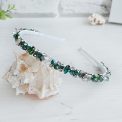 sparkle rhinestones headband, crystal emerald green crown, wedding bling hair accessories, embellished bridal hair piece