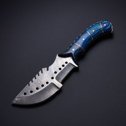 custom handmade damascus steel tracker knife blue hard wood handle with leather sheath