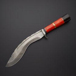 custom handmade damascus steel kukri knife handle hardwood/damascus guard with beautiful leather sheath