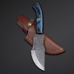 beautiful custom handmade damascus steel tracker knife handle blue dollar sheet with leather sheath