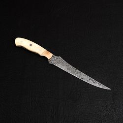 custom handmade damascus steel fillet knife handle cow bone/brass bolster with leather sheath