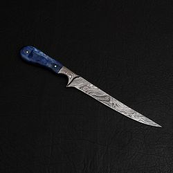 custom handmade damascus steel fillet knife handle blue dyed bone with leather sheath