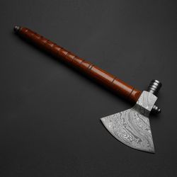 custom handmade damascus steel smooking axe handle rosewood with beautiful leather sheath