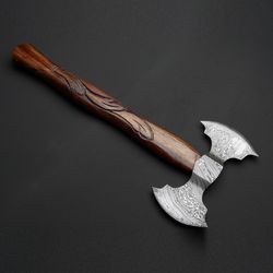 custom handmade damascus steel beautiful double edge axe handle rose wood with leather sheath