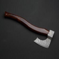 custom handmade damascus steel beautiful axe handle rose wood with leather sheath