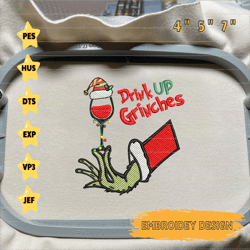 drink up grin embroidery, christmas embroidery designs, wine embroidery ,christmas embroidery, grinchy, santa claus embroidery