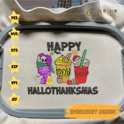 hallothanksmas embroidery machine design, fall halloween christmas embroidery file, seasonal coffee cup embroidery file