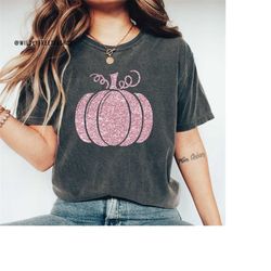 pink out glitter pumpkin shirt, pink fall shirt, in october we wear pink, glitter pumpkin shirt, pumpkin shirt, comfort