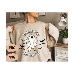 spook around and find out svg, funny ghost png, middle finger, retro halloween, funny halloween png, spooky season, hall