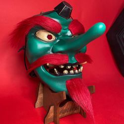 Green Tengu mask with red hair, Yamabushi Tengu mask, Wearable Tengu mask with bead, Noh mask, Kabuki mask