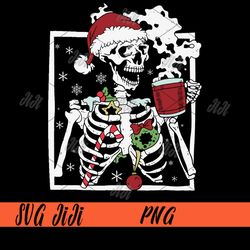 christmas skeleton with smiling skull drinking coffee latte png, christmas skeleton png