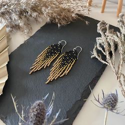 black beaded earrings with golden ombre fringe, boho bohemian jewelry, dangle modern earrings,  gift for her