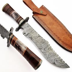 top quality damascus steel hunting bowie knife, best gift for men, camping knife, mountain knife,