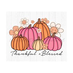 thankful blessed fall design png | pumpkin with florals sublimation png design | hand drawn | watercolor stacked pumpkin