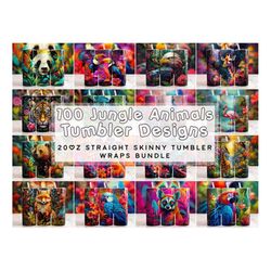 jungle animals tumbler wrap bundle, 20oz skinny tumbler sublimation design, straight tumbler wrap png, colorful zoo anim