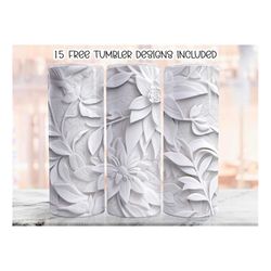 3D White Floral Tumbler Wrap, 20 oz Skinny Tumbler Sublimation Design, Floral Straight Tumbler Wrap, Digital Download PN