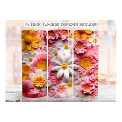 3D Pink Flowers 20 oz Skinny Tumbler Sublimation Design, Floral Straight Tumbler Wrap, Digital Download PNG