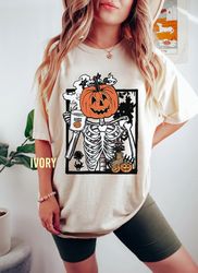 Comfort Colors Halloween Skeleton Shirt,Halloween Coffee Skull Shirt,Pumpkin Spice Shirt,Halloween Pumpkin Spice Coffee
