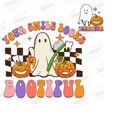 your smile looks booootiful png, halloween dentist png, retro halloween png, dental assistance, cute ghost png, spooky s