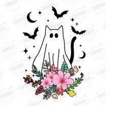 retro flower halloween boo ghost png, retro halloween cat png, halloween png shirt, halloween png sublimation digital do