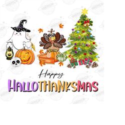 happy hallothanksmas ghost turkey and tree png, happy hallothanksmas png, halloween thanksgiving christmas png,ghost hal