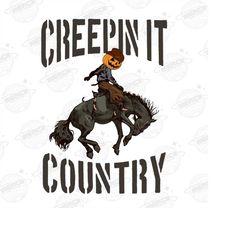 creepin it country vintage western pumpkin skull | western halloween png sublimations, designs downloads, png clipart, s