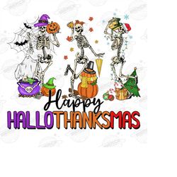 happy hallothanksmas png, dancing skeletons & seasonal designs for shirts, digital fall christmas halloween file for sub