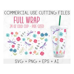 no hole 24oz venti cold cup, tumbler wrap svg, flower and dragonfly svg, full wrap svg, cold cup wrap, cricut silhouette