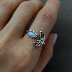 sterling silver moonstone ring, mermaid tail ring