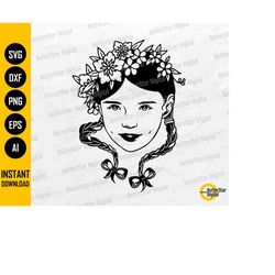 floral pigtail girl svg | cute pretty little lady with flower crown svg | cricut cut files silhouette clip art vector di