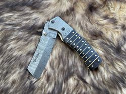 custom handmade damascus steel folding knife handle black horn with leather sheath