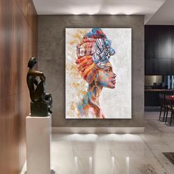african colorful woman canvas painting, paint textured canvas painting, ethnic woman painting, black woman canvas painti