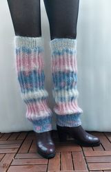 long knitted mohair leggings, white - blue - pink cuffs on shoes