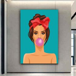 bubble gum woman pop art, omg pop art wall art, shock style pop art, comic style pop art, woman portrait