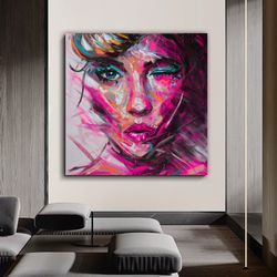 colorful woman canvas painting, oil painting textured woman face canvas painting, paint textured painting