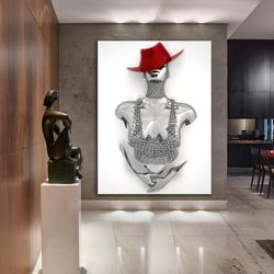 croupier woman canvas painting, woman with red hat 3d effect painting,silver glitter textured canvas painting