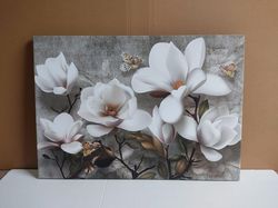 grey flowers canvas painting, flowers painting, flower canvas painting , floral wall decor