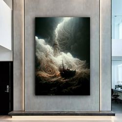 pirate ship canvas painting, sailing ship canvas art print, sailboat decoration, sea landscape, sailing canvas wall deco