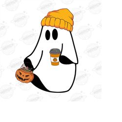 cute ghost drinking coffee png, ghost ice coffee halloween png, halloween ghost png, ghost png, stay spooky png,  hot co