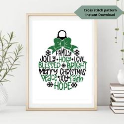 green christmas ball cross stitch pattern, merry christmas embroidery design, instant download, digital pdf