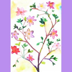 watercolor branch with flowers leaves sketch painting art print l watercolor floral sketch painting printable wall art