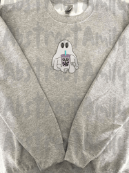 little ghost with milk tea embroidery design, spooky halloween embroidery file, boba boo embroidery design