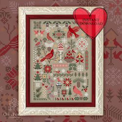 christmas birds owlforest embroidery cross stitch pattern, festive birds, red cardinals,sampler, hand-dyed floss, digita