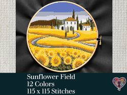 sunflower field cross stitch pattern, cross stitch pdf, landscape cross stisch