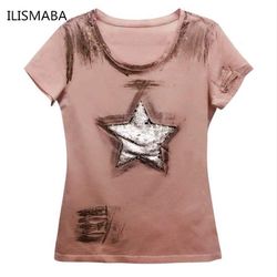 ilismaba fashion t shirt women 2017 new short sleeve summer large five-pointed star super flash holes pink summer shirt