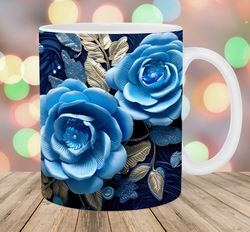 3d blue gold roses mug