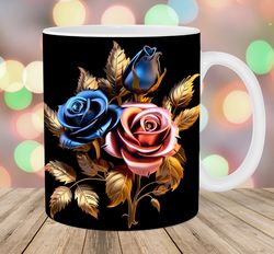 3d gold pink blue roses mug