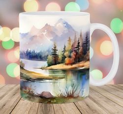 watercolor river landscape mug